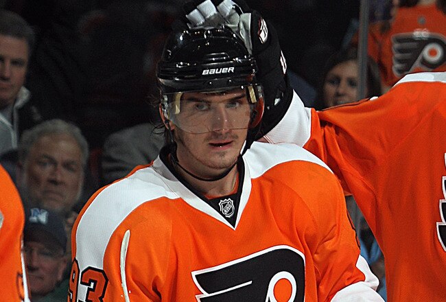 PHILADELPHIA - NOVEMBER 18: Nikolay Zherdev #93 and Chris Pronger #20 of the Philadelphia Flyers celebrate a goal against the Tampa Bay Lightning at the Wells Fargo Center on November 18, 2010 in Philadelphia, Pennsylvania. The Lightning defeated the Flyers 8-7. (Photo by Bruce Bennett/Getty Images)