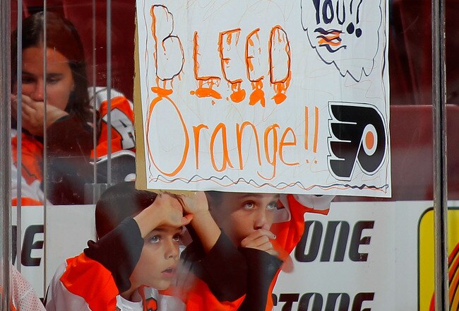 PHILADELPHIA - OCTOBER 23: Philadelphia Flyers fans holding a sign during warmups before a hockey game against the Toronto Maple Leafs at the Wells Fargo Center on October 23, 2010 in Philadelphia, Pennsylvania.  (Photo by Paul Bereswill/Getty Images)