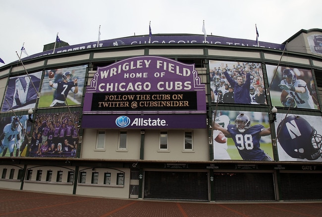 CHICAGO - NOVEMBER 18: A general view of the exterior of Wrigley Field, where the Northwestern Wildcats will host a game against the Illinois Fighting Illini on Saturday November 20, on November 18, 2010 in Chicago, Illinois. (Photo by Jonathan Daniel/Getty Images)