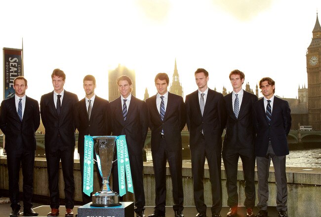 LONDON, ENGLAND - NOVEMBER 19:   (L-R) Andy Roddick of USA, Tomas Berdych of Czech Republic, Novak Djokovic of Serbia, Rafael Nadal of Spain, Roger Federer of Switzerland, Robert Soderling of Sweden, Andy Murray of Scotland and David Ferrer of Spain pose during the Barclays ATP World Tour Finals - Media Day at the County Hall Marriot Hotel on November 19, 2010 in London, England.  (Photo by Jan Kruger/Getty Images)