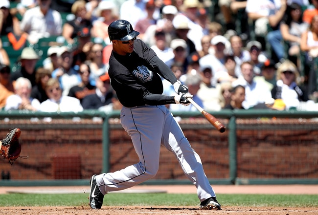 SAN FRANCISCO - JULY 29:  Mike Stanton #27 of the Florida Marlins hits an RBI single in the fourth inning against the San Francisco Giants during an MLB game at AT&T Park on July 29, 2010 in San Francisco, California.  (Photo by Jed Jacobsohn/Getty Images)