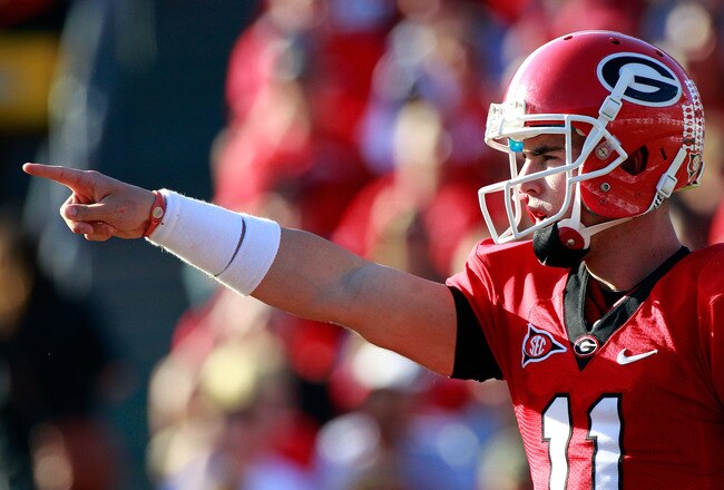 JACKSONVILLE, FL - OCTOBER 30:  Quarterback Aaron Murray #11 of the Georgia Bulldogs points during the game against the Florida Gators at EverBank Field on October 30, 2010 in Jacksonville, Florida.  (Photo by Sam Greenwood/Getty Images)