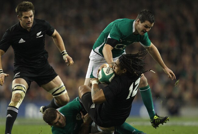 DUBLIN, IRELAND - NOVEMBER 20:  Ma'a Nonu of the All Blacks is tackled during the Test match between Ireland and the New Zealand All Blacks at Aviva Stadium on November 20, 2010 in Dublin, Ireland.  (Photo by Phil Walter/Getty Images)