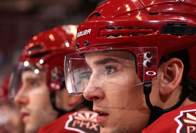 GLENDALE, AZ - NOVEMBER 03:  Scottie Upshall #8 of the Phoenix Coyotes watches from the bench during the NHL game against the Nashville Predators at Jobing.com Arena on November 3, 2010 in Glendale, Arizona. The Coyotes defeated the Predators 4-3.   (Photo by Christian Petersen/Getty Images)