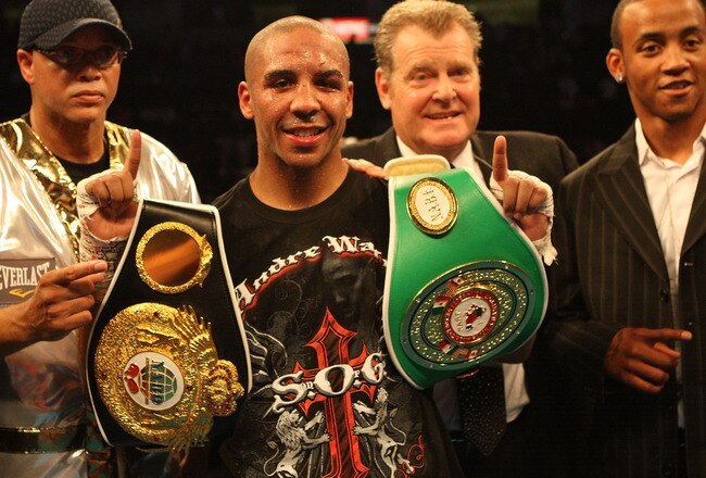 OAKLAND, CA - MAY 16:  Andre Ward celebrates after defeating Edison Miranda during the NABO and NABF Super Middleweight Championship boxing match on May 16, 2009 at the Oakland-Alameda County Coliseum in Oakland, California.  (Photo by Jed Jacobsohn/Getty Images)