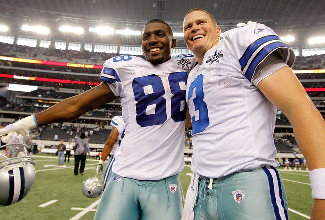 ARLINGTON, TX - NOVEMBER 21:  Wide receiver Dez Bryant #88 of the Dallas Cowboys celebrates with quarterback Jon Kitna #3 after the Cowboys beat the Detroit Lions 35-19 at Cowboys Stadium on November 21, 2010 in Arlington, Texas.  (Photo by Tom Pennington/Getty Images)