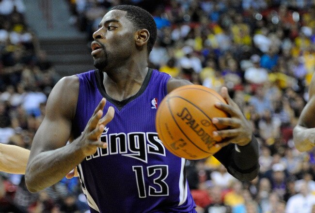 LAS VEGAS - OCTOBER 13:  Tyreke Evans #13 of the Sacramento Kings drives ahead of Ron Artest #15 of the Los Angeles Lakers during their preseason game at the Thomas & Mack Center October 13, 2010 in Las Vegas, Nevada. The Lakers won 98-95. NOTE TO USER: User expressly acknowledges and agrees that, by downloading and/or using this Photograph, user is consenting to the terms and conditions of the Getty Images License Agreement.  (Photo by Ethan Miller/Getty Images)