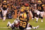 PITTSBURGH - NOVEMBER 14:  Antwaan Randle El #82 of the Pittsburgh Steelers fumbles a catch in the endzone under pressure from Patrick Chung #25 of the New England Patriots on November 14, 2010 at Heinz Field in Pittsburgh, Pennsylvania.  (Photo by Chris McGrath/Getty Images)