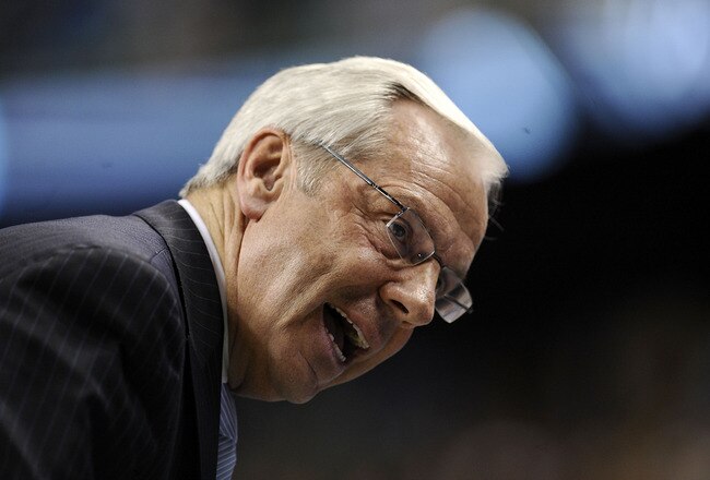 GREENSBORO, NC - MARCH 11:  Roy Williams, head coach of the University of the North Carolina Tarheels coaches in their first round game against the Georgia Tech Yellow Jackets in the 2010 ACC Men's Basketball Tournament at the Greensboro Coliseum on March 11, 2010 in Greensboro, North Carolina.  (Photo by Jeff Zelevansky/Getty Images)