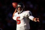 SAN FRANCISCO - NOVEMBER 21:  Josh Freeman #5 of the Tampa Bay Buccaneers looks to pass the ball against the San Francisco 49ers at Candlestick Park on November 21, 2010 in San Francisco, California.  (Photo by Ezra Shaw/Getty Images)