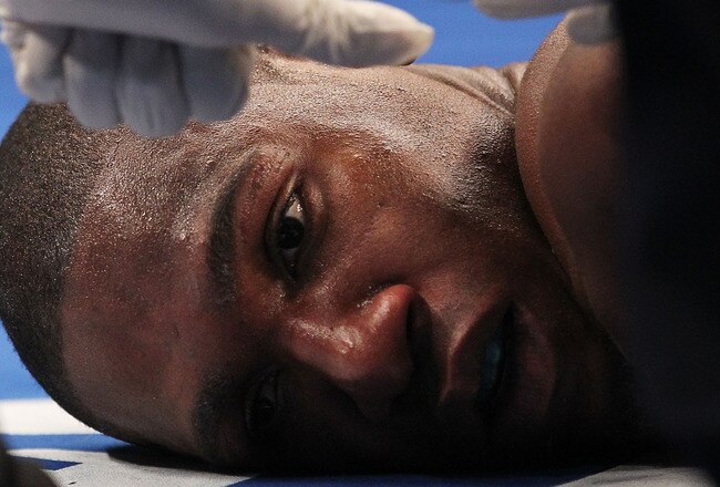 ATLANTIC CITY, NJ - NOVEMBER 20:  Paul Williams is counted out after being floored by Sergio Martinez  in the second round of their Middleweight Championship fight on November 20, 2010 at The Boardwalk Hall in Atlantic City, New Jersey.  (Photo by Al Bello/Getty Images)