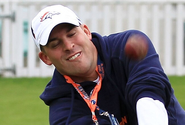 LONDON, ENGLAND - OCTOBER 29:  Head coach of the Denver Broncos Josh McDaniels plays cricket prior to the start of a team training session at The Brit Oval on October 29, 2010 in London, England. The Denver Broncos will play the San Francisco 49ers at Wembley Stadium on October 31.  (Photo by Chris McGrath/Getty Images)