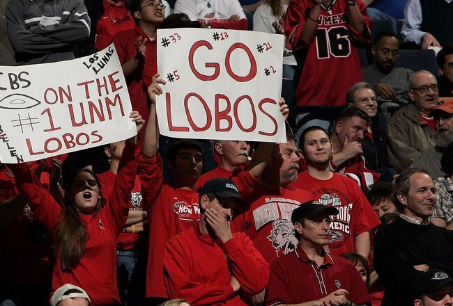 NASHVILLE, TN - MARCH 18:  Fans for the New Mexico Lobos watch with mixed reactions late in the game as the Lobos take on the Villanova Wildcats in the first round of the NCAA Division I Men's Basketball Championship at the Gaylord Entertainment Center on March 18, 2005 in Nashville, Tennessee. Villanova defeated New Mexico 55-47.  (Photo by Brian Bahr/Getty Images)