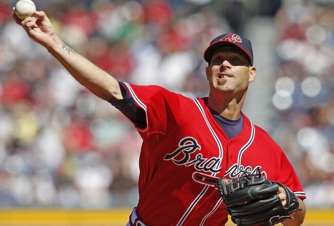 ATLANTA - OCTOBER 3:  Pitcher Tim Hudson #15 of the Atlanta Braves throws a pitch during the game against the Philadelphia Phillies at Turner Field on October 3, 2010 in Atlanta, Georgia.  The Braves beat the Phillies 8-7.  (Photo by Mike Zarrilli/Getty Images)