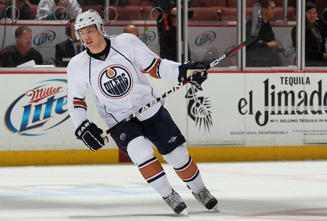 ANAHEIM, CA - NOVEMBER 21:  Taylor Hall #4 of the Edmonton Oilers skates prior to the start of the game against the Anaheim Ducks at the Honda Center on November 21, 2010 in Anaheim, California.  (Photo by Jeff Gross/Getty Images)
