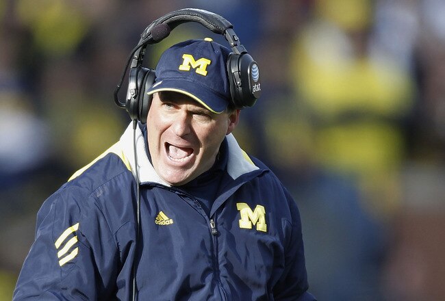 ANN ARBOR, MI - NOVEMBER 20:  Head coach Rich Rodriguez of the Michigan Wolverines reacts while playing the Wisconson Badgers at Michigan Stadium on November 20, 2010 in Ann Arbor, Michigan. Wisconsin won the game 48-28. (Photo by Gregory Shamus/Getty Images)
