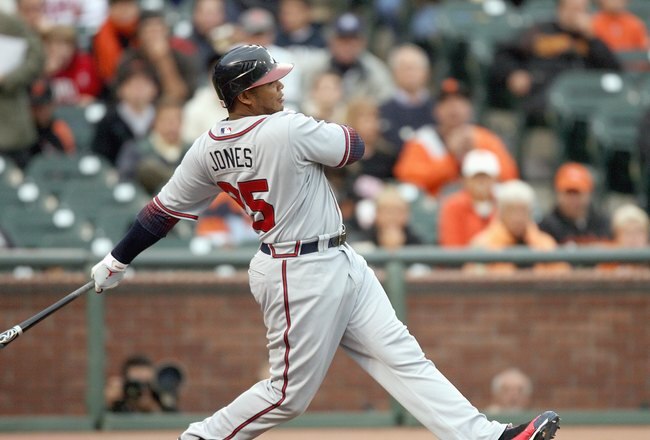 SAN FRANCISCO - JULY 25:  Andruw Jones #25 of the Atlanta Braves swings at the pitch against the San Francisco Giants at AT&T Park on July 25, 2007 in San Francisco, California. (Photo by Otto Greule Jr/Getty Images)