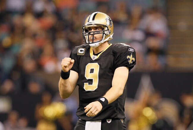 NEW ORLEANS - NOVEMBER 21:  Quarterback Drew Brees #9 of the New Orleans Saints reacts after a first down against the Seattle Seahawks at Louisiana Superdome on November 21, 2010 in New Orleans, Louisiana.  (Photo by Kevin C. Cox/Getty Images)