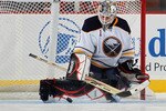 NEWARK, NJ - NOVEMBER 10:  Jhonas Enroth #1 of the Buffalo Sabres tends net against the New Jersey Devils at the Prudential Center on November 10, 2010 in Newark, New Jersey. The Sabres defeated the DSevils 5-4 in the shootout.  (Photo by Bruce Bennett/Getty Images)