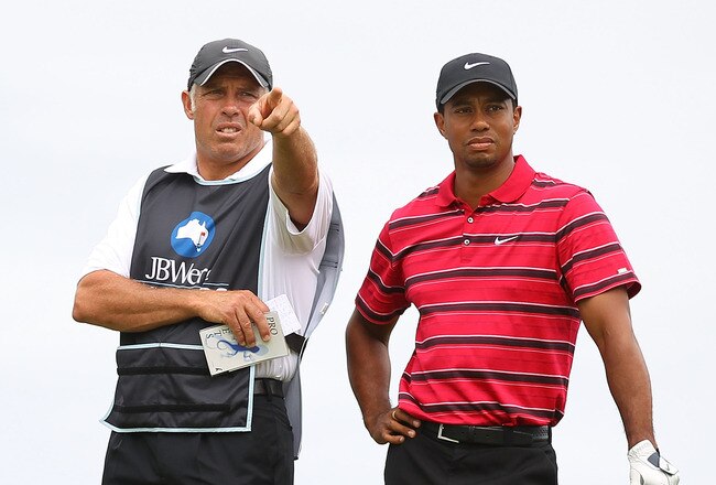 MELBOURNE, AUSTRALIA - NOVEMBER 14:  Tiger Woods of the USA talks with his caddy Steve Williams during day four of the Australian Masters at The Victoria Golf Club on November 14, 2010 in Melbourne, Australia.  (Photo by Robert Cianflone/Getty Images)