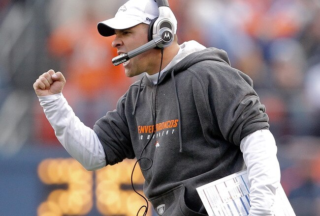 DENVER - NOVEMBER 14:  Head coach Josh McDaniels of the Denver Broncos celebrates a touchdown on the sidelines against the Kansas City Chiefs during the second quarter at INVESCO Field at Mile High on November 14, 2010 in Denver, Colorado. The Denver Broncos defeated the Kansas City Chiefs 49-29. (Photo by Justin Edmonds/Getty Images)