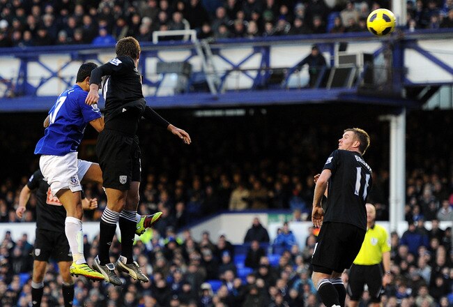 LIVERPOOL, ENGLAND - NOVEMBER 27:  Tim Cahill of Everton scores his side's first goal during the Barclays Premier League match between Everton and West Bromwich Albion at Goodison Park on November 27, 2010 in Liverpool, England.  (Photo by Chris Brunskill/Getty Images)