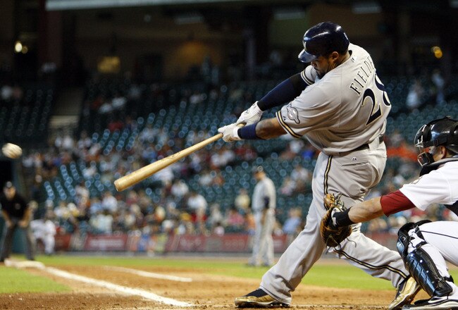 HOUSTON - SEPTEMBER 15:  Prince Fielder #28 of the Milwaukee Brewers hits a soft line drive to left field in the fifth inning against the Houston Astros on September 15, 2010 in Houston, Texas.  (Photo by Bob Levey/Getty Images)