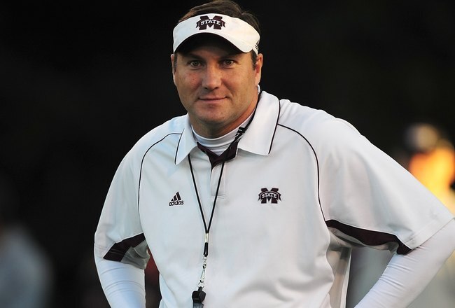 STARKVILLE, MS - OCTOBER 24:  Head coach Dan Mullen of the Mississippi State Bulldogs, during pre game warm up against the Florida Gators, at Davis Wade Stadium on  October 24, 2009 in Starkville, Mississippi  (Photo by Rick Dole/Getty Images)