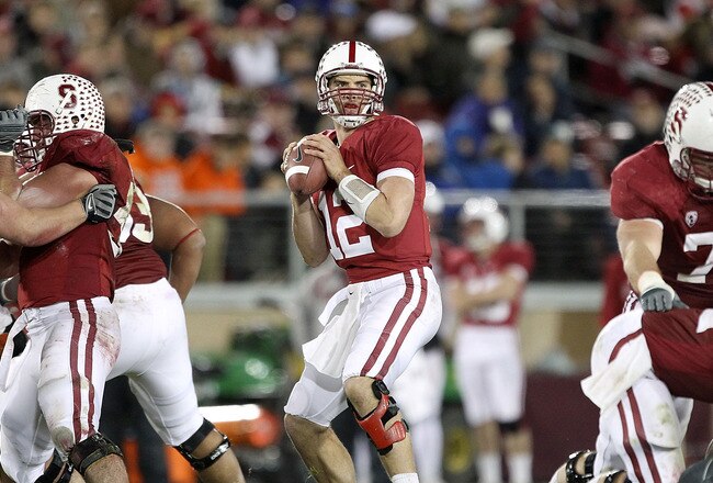 PALO ALTO, CA - NOVEMBER 27:  Andrew Luck #12 of the Stanford Cardinal passes the ball against the Oregon State Beavers at Stanford Stadium on November 27, 2010 in Palo Alto, California.  (Photo by Ezra Shaw/Getty Images)