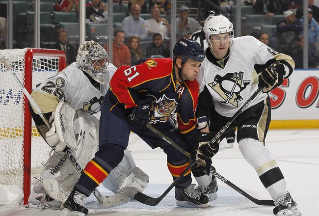 SUNRISE, FL - NOVEMBER 22: Ben Lovejoy #6 of the Pittsburgh Penguins attempts ot defend Cory Stillman #61 of the Florida Panthers in the first period on November 22, 2010 at the BankAtlantic Center in Sunrise, Florida. Stillman scored on the play. (Photo by Joel Auerbach/Getty Images)