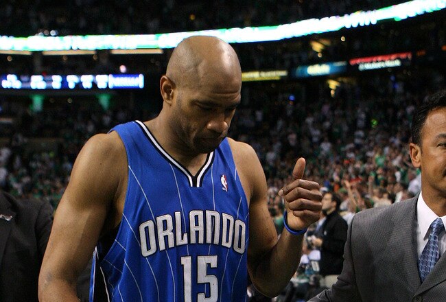 BOSTON - MAY 28:  Vince Carter #15 of the Orlando Magic walks off the court dejected after the Magic lost 96-84 against the Boston Celtics in Game Six of the Eastern Conference Finals during the 2010 NBA Playoffs at TD Garden on May 28, 2010 in Boston, Massachusetts.  NOTE TO USER: User expressly acknowledges and agrees that, by downloading and/or using this Photograph, user is consenting to the terms and conditions of the Getty Images License Agreement.  (Photo by Jim Rogash/Getty Images)
