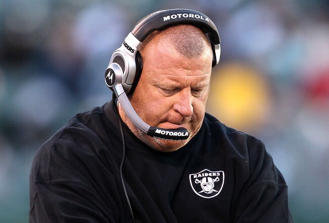 OAKLAND, CA - NOVEMBER 28:  Head coach Tom Cable of the Oakland Raiders walks the sidelines during the closing minutes of their loss to the Miami Dolphins at Oakland-Alameda County Coliseum on November 28, 2010 in Oakland, California.  (Photo by Ezra Shaw/Getty Images)