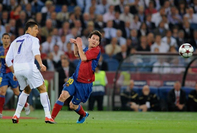 ROME, ITALY - MAY 27:  Cristiano Ronaldo (R) of Manchester United FC and Lionel Messi of Barcelona during the UEFA Champions League Final match between Barcelona and Manchester United at the Stadio Olimpico on May 27, 2009 in Rome, Italy.  (Photo by Claudio Villa/Getty Images)