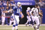 INDIANAPOLIS - NOVEMBER 28:  Peyton Manning #18 of the Indianapolis Colts complains to a game offical after throwing an interception that was returned for a touchdown during the NFL game against the San Diego Chargers at Lucas Oil Stadium on November 28, 2010 in Indianapolis, Indiana.  (Photo by Andy Lyons/Getty Images)