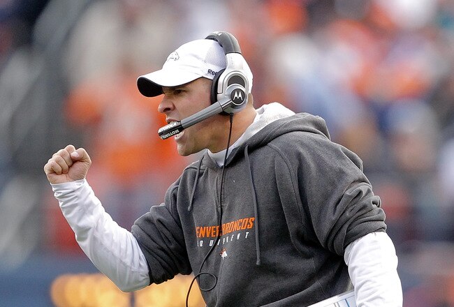 DENVER - NOVEMBER 14:  Head coach Josh McDaniels of the Denver Broncos celebrates a touchdown on the sidelines against the Kansas City Chiefs during the second quarter at INVESCO Field at Mile High on November 14, 2010 in Denver, Colorado. The Denver Broncos defeated the Kansas City Chiefs 49-29. (Photo by Justin Edmonds/Getty Images)
