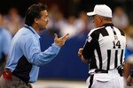 INDIANAPOLIS, IN - DECEMBER 6: Head coach Jeff Fisher of the Tennessee Titans argues with referee Ron Winter #14 against the Indianapolis Colts at Lucas Oil Field on December 6, 2009 in Indianapolis, Indiana. The Colts defeated the Titans 27-17. (Photo by Scott Boehm/Getty Images)