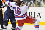 NASHVILLE, TN - NOVEMBER 27:  Jordin Tootoo #22 of the Nashville Predators fights Sean Avery #16 of the New York Rangers on November 27, 2010 at the Bridgestone Arena in Nashville, Tennessee.  (Photo by Frederick Breedon/Getty Images)
