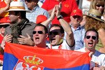 BENIDORM, SPAIN - MARCH 08:  Serbian fans cheer for Novak Djokovic during his match against Rafael Nadal of Spain on day two of the Davis Cup World Group first round tie between Spain and Serbia at the Parque Tematico Terra Mitica on March 8, 2009 in Benidorm, Spain. Nadal defeated Djokovic in three straight sets 6-4, 6-4 and 6-1 sending Spain into the Davis Cup quarter-finals with a 3-1 win over Serbia.  (Photo by Jasper Juinen/Getty Images)