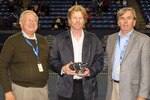 LOS ANGELES, CA - JULY 26:  (L-R) Former USTA President Franklin Johnson, former professional tennis player Jim Courier and tournament director Bob Kramer pose after Courier was introduced as the Farmers Classic, presented by Merceds-Benz, tournament honoree at the Los Angeles Tennis Center - UCLA on July 26, 2010 in Los Angeles, California.  (Photo by Jeff Gross/Getty Images)
