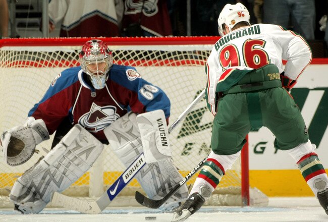 DENVER - APRIL 06:  Goalkeeper Jose Theodore #60 of the Colorado Avalanche prepares to make a save on a shot by Pierre-Marc Bouchard #96  the Minnesota Wild on the final shot of the shootout at the Pepsi Center on April 6, 2008 in Denver, Colorado.   (Photo by Doug Pensinger/Getty Images)