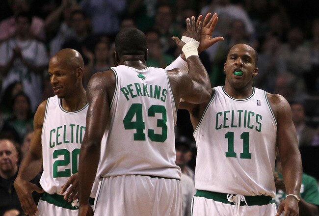 BOSTON - MAY 28:  Glen Davis #11 and Kendrick Perkins #43 of the Boston Celtics celebrate a play against the Orlando Magic in Game Six of the Eastern Conference Finals during the 2010 NBA Playoffs at TD Garden on May 28, 2010 in Boston, Massachusetts.  NOTE TO USER: User expressly acknowledges and agrees that, by downloading and/or using this Photograph, user is consenting to the terms and conditions of the Getty Images License Agreement.  (Photo by Jim Rogash/Getty Images)