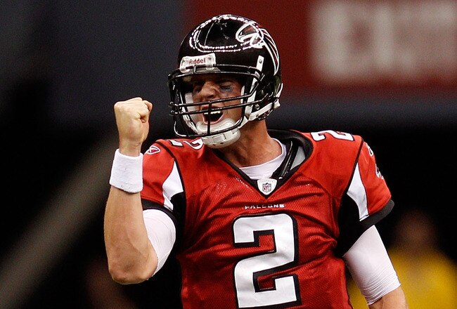 NEW ORLEANS - SEPTEMBER 26:  Matt Ryan #2 of the Atlanta Falcons celebrates after throwing a touchdown pass against the New Orleans Saints at the Louisiana Superdome on September 26, 2010 in New Orleans, Louisiana.  The Falcons defeated the Saints 27-24.  (Photo by Chris Graythen/Getty Images)