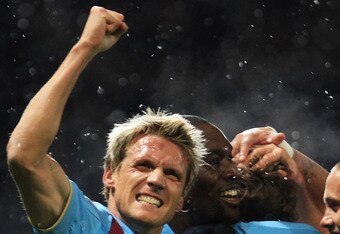LONDON, ENGLAND - NOVEMBER 30: Radoslav Kovac of West Ham United (L) celebrates a goal scored by Jonathan Spector during the Carling Cup Quarter Final match between West Ham United and Manchester United at the Boleyn Ground on November 30, 2010 in London, England. (Photo by Mark Thompson/Getty Images)