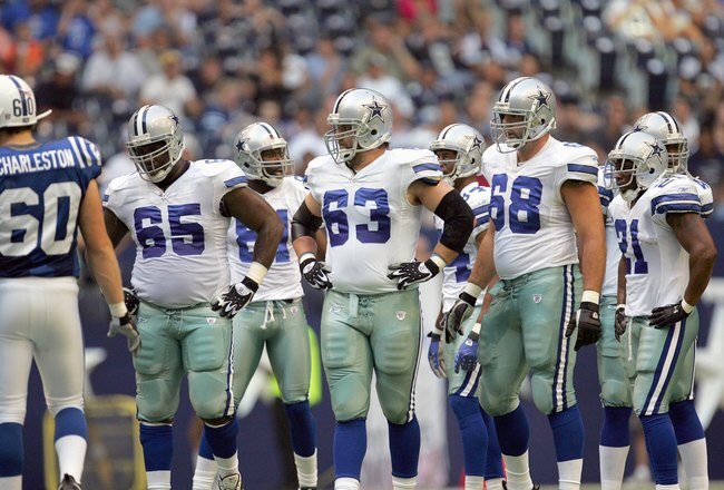 IRVING, TX - AUGUST 9:  Andre Gurode #65 ,Kyle Kosier #63 and Doug Free #68 of the Dallas Cowboys walk to the line during the preseason game against the Indianapolis Colts at Texas Stadium on August 9, 2007 in Irving, Texas. (Photo by Ronald Martinez/Getty Images)