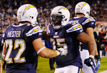 SAN DIEGO - NOVEMBER 22:  Mike Tolbert #35 congratulates Jacob Hester #22 of the San Diego Chargers after scoring a touchdown against the Denver Broncos at Qualcomm Stadium on November 22, 2010 in San Diego, California.  Chargers defeated the Broncos, 35-14.  (Photo by Kevork Djansezian/Getty Images)