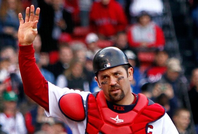 BOSTON - OCTOBER 3:  Jason Varitek #33 of the Boston Red Sox  reacts to fan applause as he leaves the field  for a replacement in the ninth inning against the New York Yankees at Fenway Park, October 3, 2010, in Boston, Massachusetts. The Red Sox won 8-4. (Photo by Jim Rogash/Getty Images)