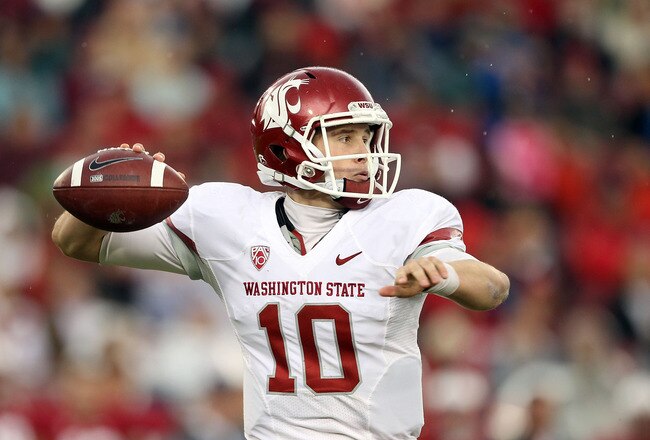 PALO ALTO, CA - OCTOBER 23:  Jeff Tuel #10 of the Washington State Cougars passes the ball against the Stanford Cardinal at Stanford Stadium on October 23, 2010 in Palo Alto, California.  (Photo by Ezra Shaw/Getty Images)