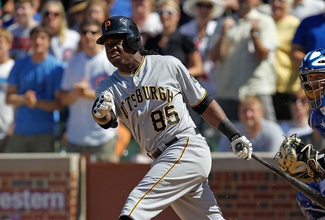 CHICAGO - JUNE 30: Lastings Milledge #85 of the Pittsburgh Pirates hits the ball against the Chicago Cubs at Wrigley Field on June 30, 2010 in Chicago, Illinois. The Pirates defeated the Cubs 2-0. (Photo by Jonathan Daniel/Getty Images)