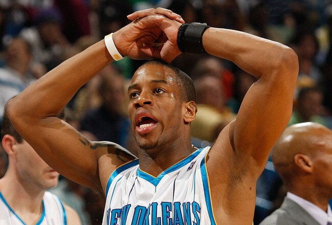 NEW ORLEANS - FEBRUARY 08:  Antonio Daniels #50 reacts to David West #30 of the New Orleans Hornets being called for a Flagrant 2 Foul against the Minnesota Timberwolves on February 8, 2009 in New Orleans, Louisiana.  NOTE TO USER: User expressly acknowledges and agrees that, by downloading and/or using this Photograph, user is consenting to the terms and conditions of the Getty Images License Agreement.  (Photo by Chris Graythen/Getty Images)