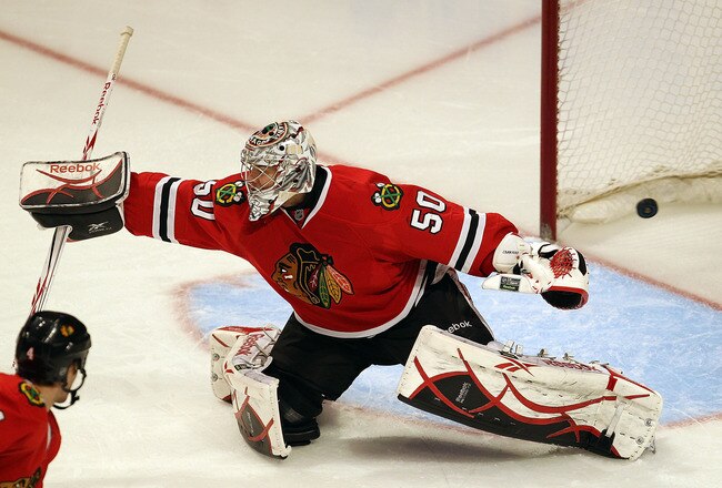 CHICAGO - NOVEMBER 30: Corey Crawford #50 of the Chicago Blackhawks lets a shot by Alex Pietrangelo of the St. Louis Blues slip past for a 3rd period goal at the United Center on November 30, 2010 in Chicago, Illinois. The Blackhawks defeated the Blues 7-5. (Photo by Jonathan Daniel/Getty Images)